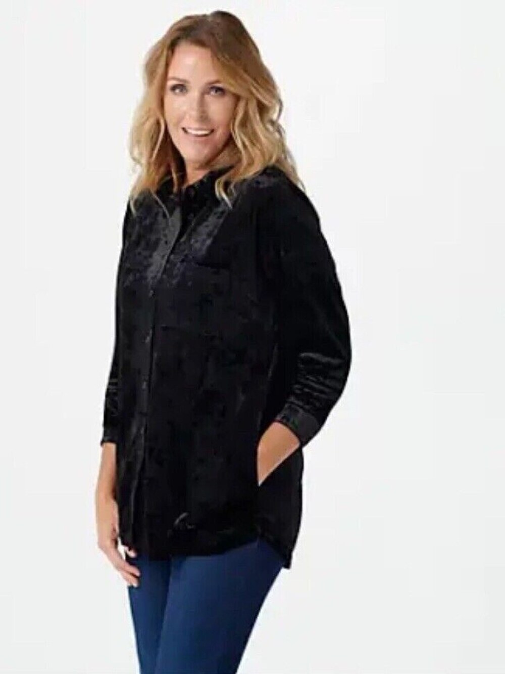 Belle by Kim Gravel Solid Women's Big Shirt PocketCrushed Velvet Mink 1X
